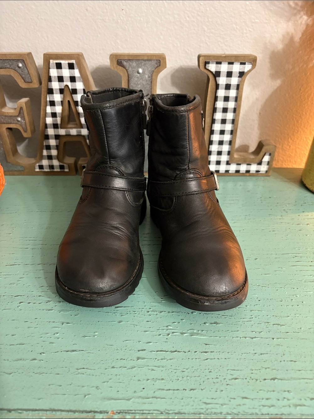 UGG Kids Black Leather Ankle Boots with Strap Detail